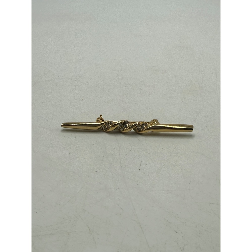 Vintage Gold Tone Rhinestone Twisted Knot Bar Brooch Pin Tapered Sleek Design